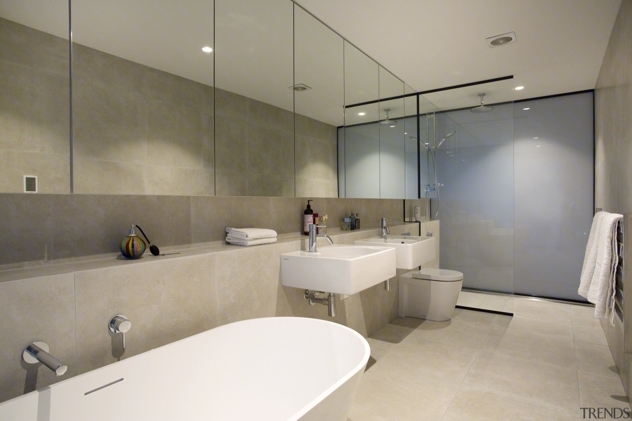 Translucent glass offers privacy. architecture, bathroom, floor, interior design, property, real estate, sink, gray