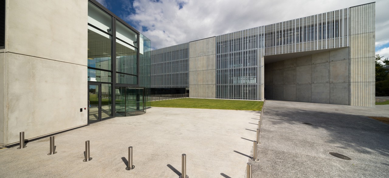 Upscale the entry to the concrete and glass architecture, building, corporate headquarters, facade, house, property, real estate, gray