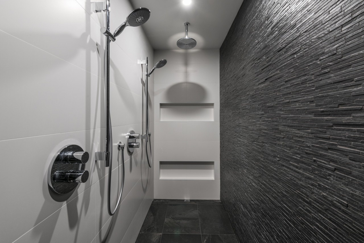 Smooth, white Italian porcelain tiles with minimal grouting architecture, bathroom, black and white, interior design, monochrome, plumbing fixture, room, tile, gray, black