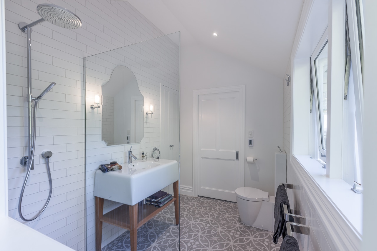 In this master ensuite by designer Natalie Du architecture, bathroom, floor, home, interior design, property, real estate, room, gray