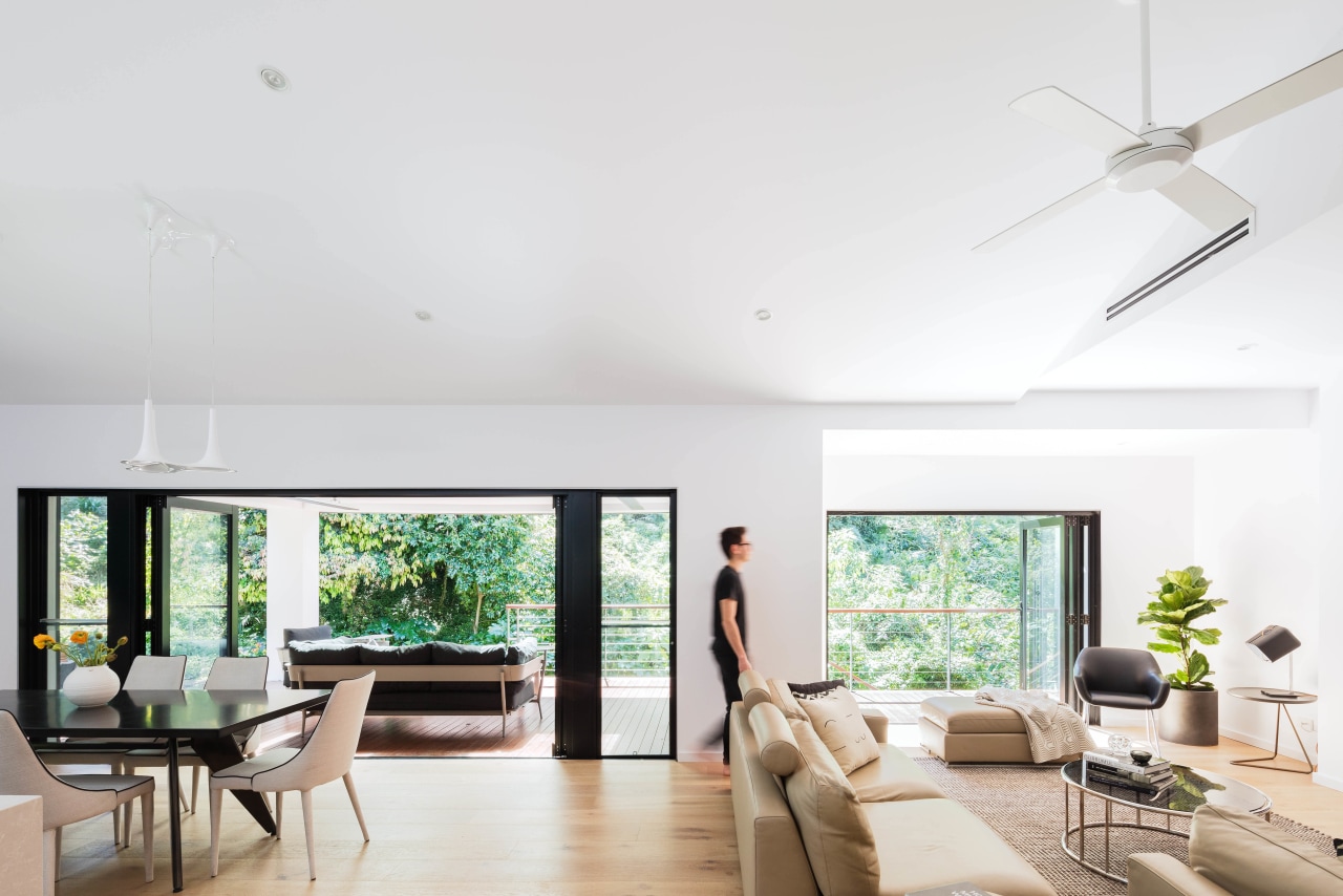 In this whole-house renovation by architect Melonie Bayl-Smith, ceiling, daylighting, home, house, interior design, living room, property, real estate, window, white