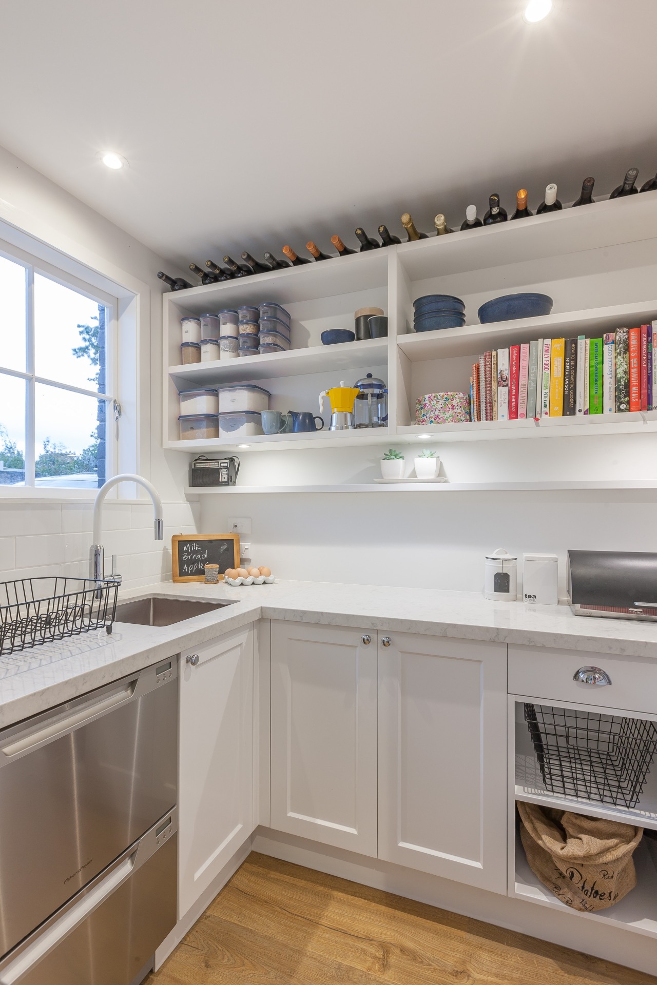 The scullery area in this Kira Gray kitchen cabinetry, countertop, interior design, kitchen, room, shelf, shelving, gray