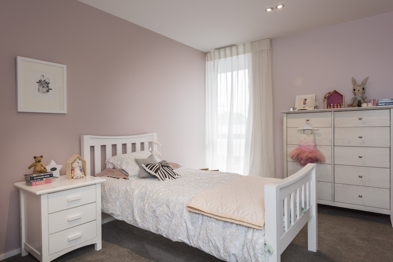 Eterno Design effortlessly brought an individual aesthetic to bed, furniture, home, interior designroom, wall, resene paint, Blanched pink, girls room