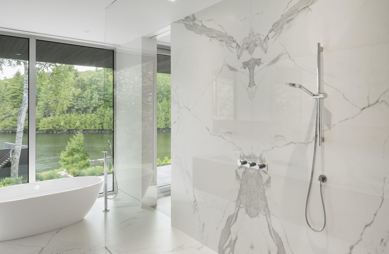 MU Architects selected Neolith Estatuario for walls and architecture, bathroom, ceiling, floor, home, interior design, product design, white