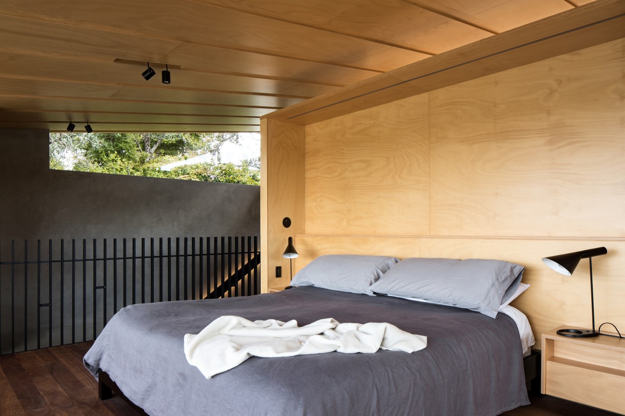 Master bedroom – master suite designed by Strachan architecture, bed, bed frame, bedroom, ceiling, floor, home, house, interior design, property, real estate, room, wall, wood, orange