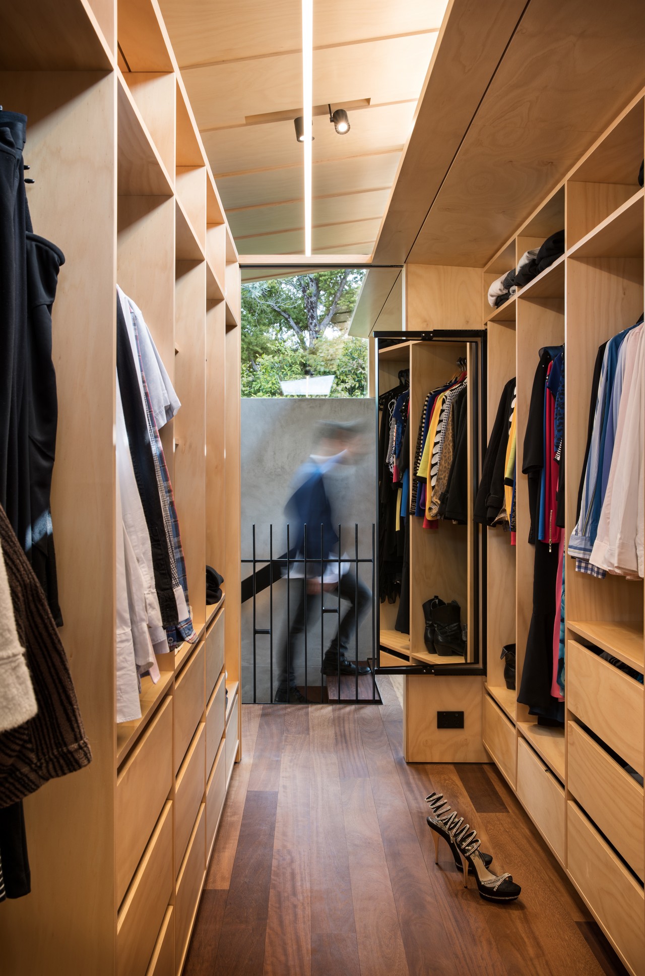 Master wardrobe – master suite designed by Strachan boutique, ceiling, closet, floor, flooring, furniture, interior design, room, wardrobe, wood, brown