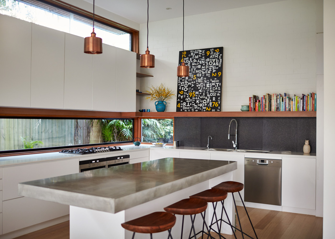 Concrete benchtop. Kitchen design by Bijl Architects countertop, interior design, kitchen, real estate, room, table, gray