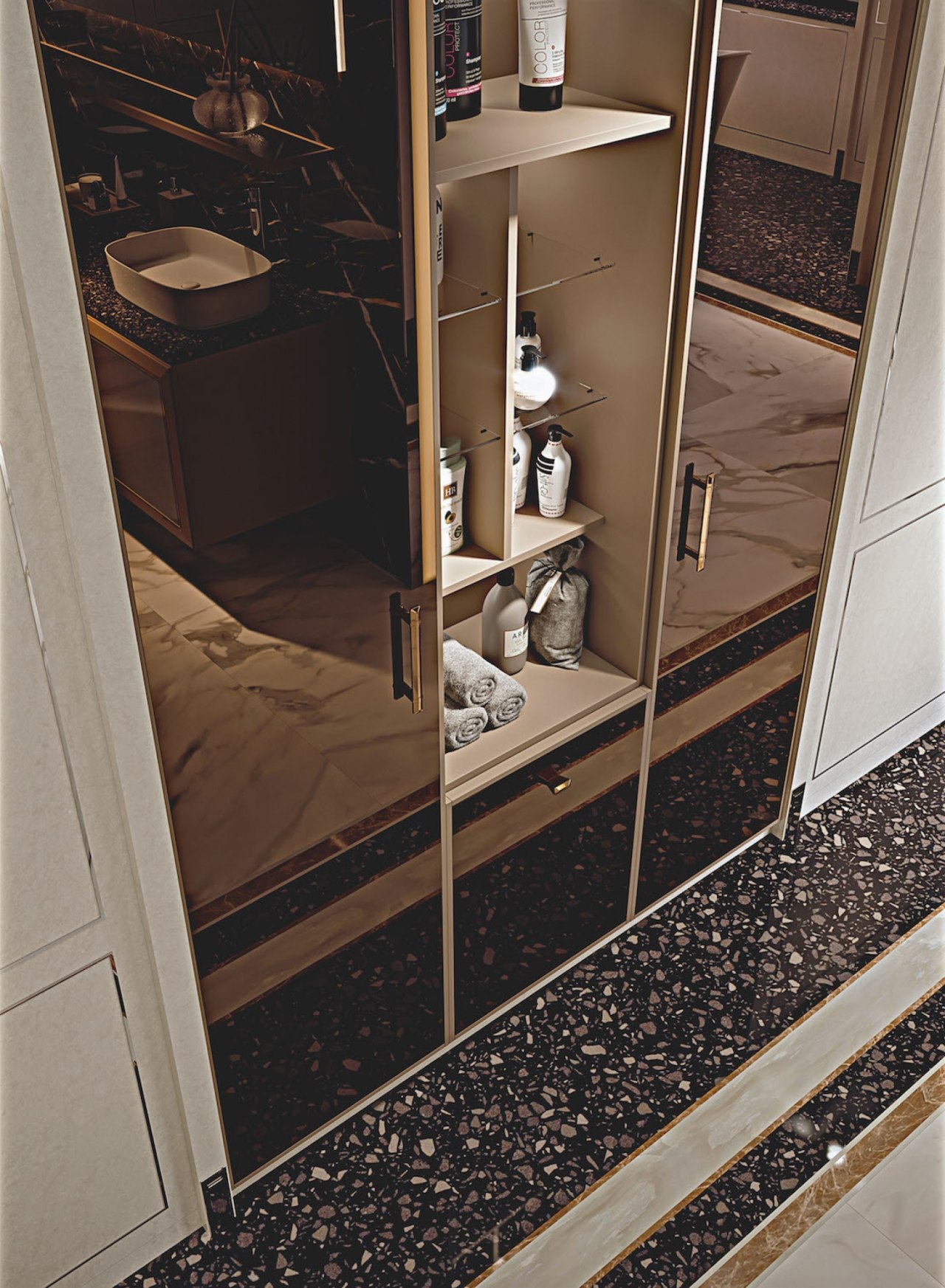 Niche side cabinetry provides storage for bathrobes, linen 