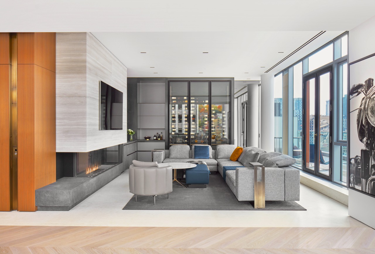 Den complete with an end wall of brushed 