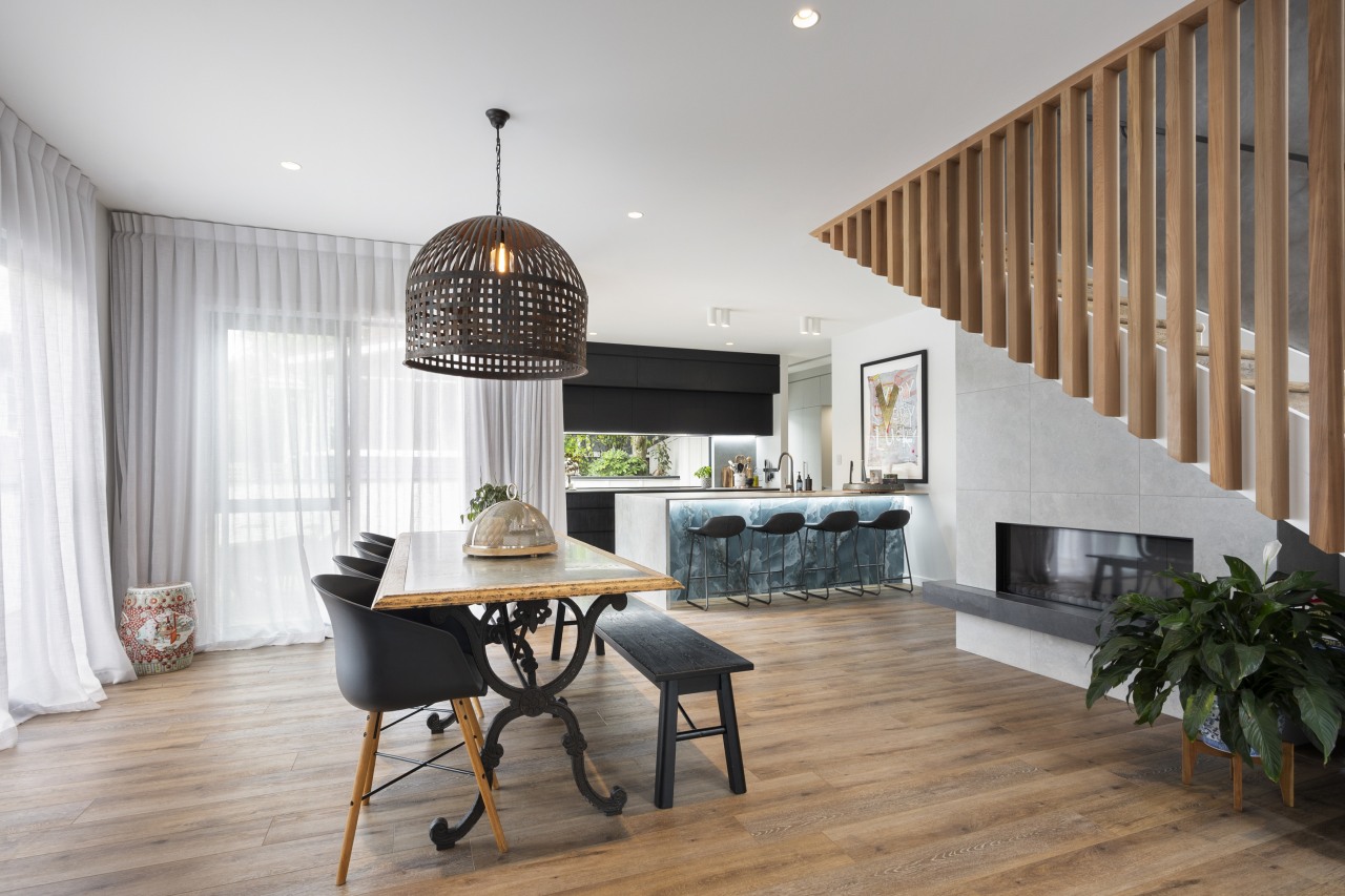 Wood-look floors complement the design. - Crisp and 