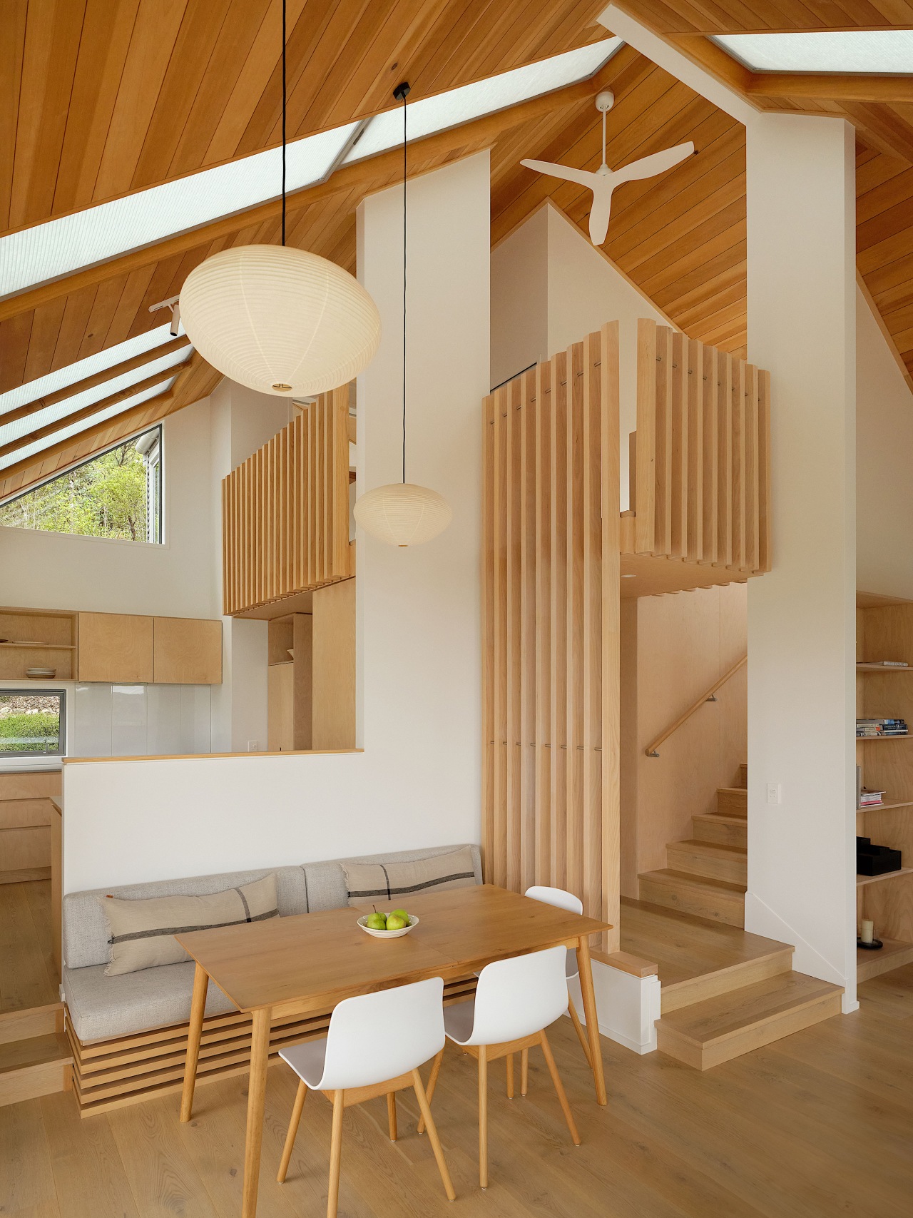 The double-height kitchen, dining and living space. 