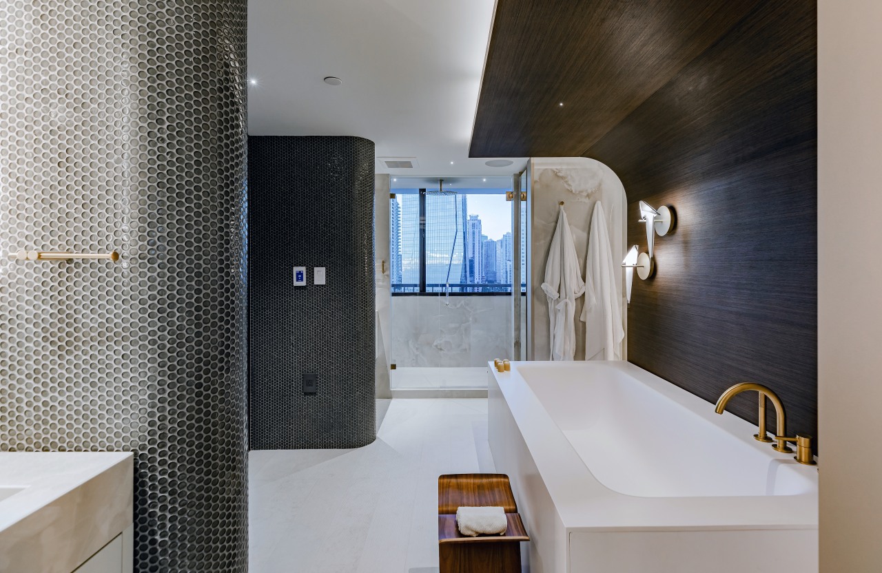 Looking across the reinvented and rearranged bathroom space. 