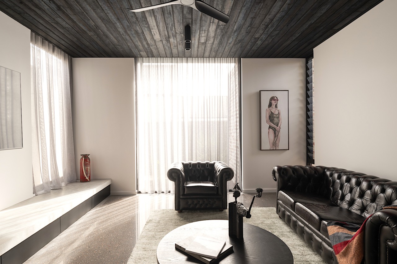 At the rear, a cosy living room features 