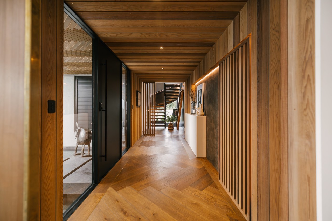 Entry courtyard looking toward feature staircase. 