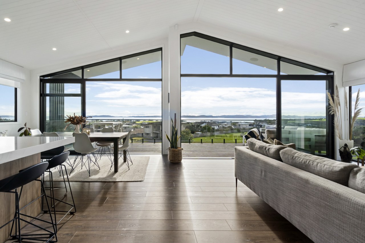 Kitchen, dining, living and views – upstairs, open-plan 