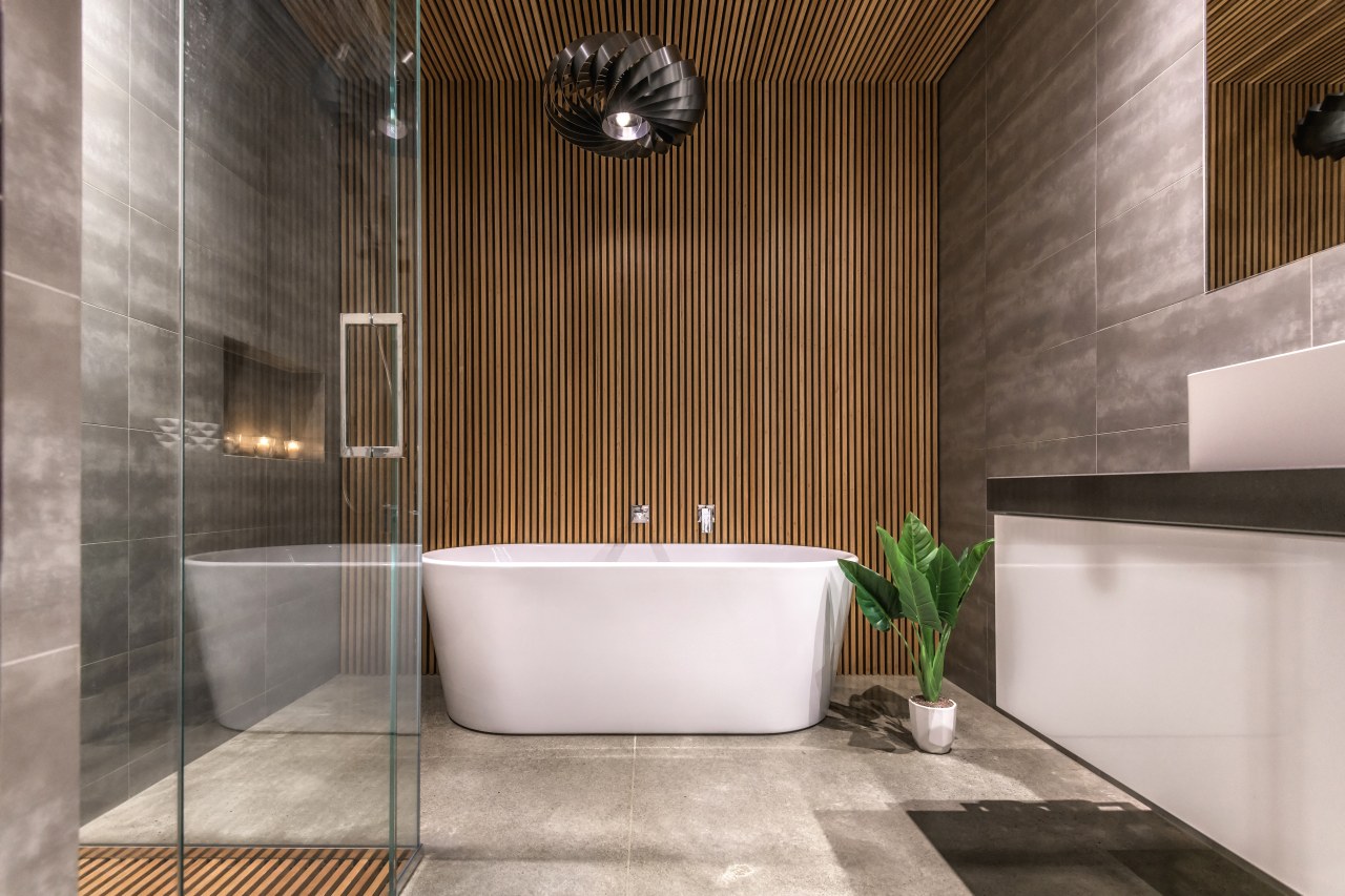 Photography by: Anthony Turnham architecture, bathroom, floor, flooring, interior design, lobby, plumbing fixture, room, tile, gray