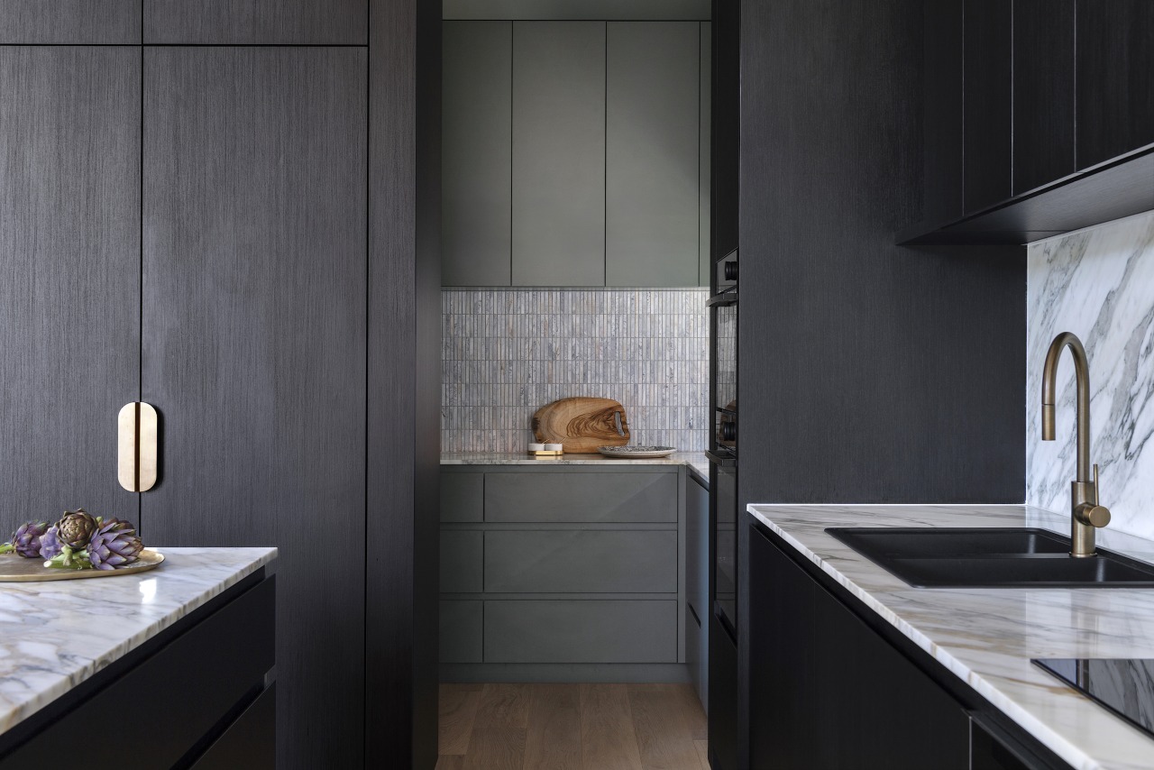 Looking through to the walk-in pantry in contrasting 