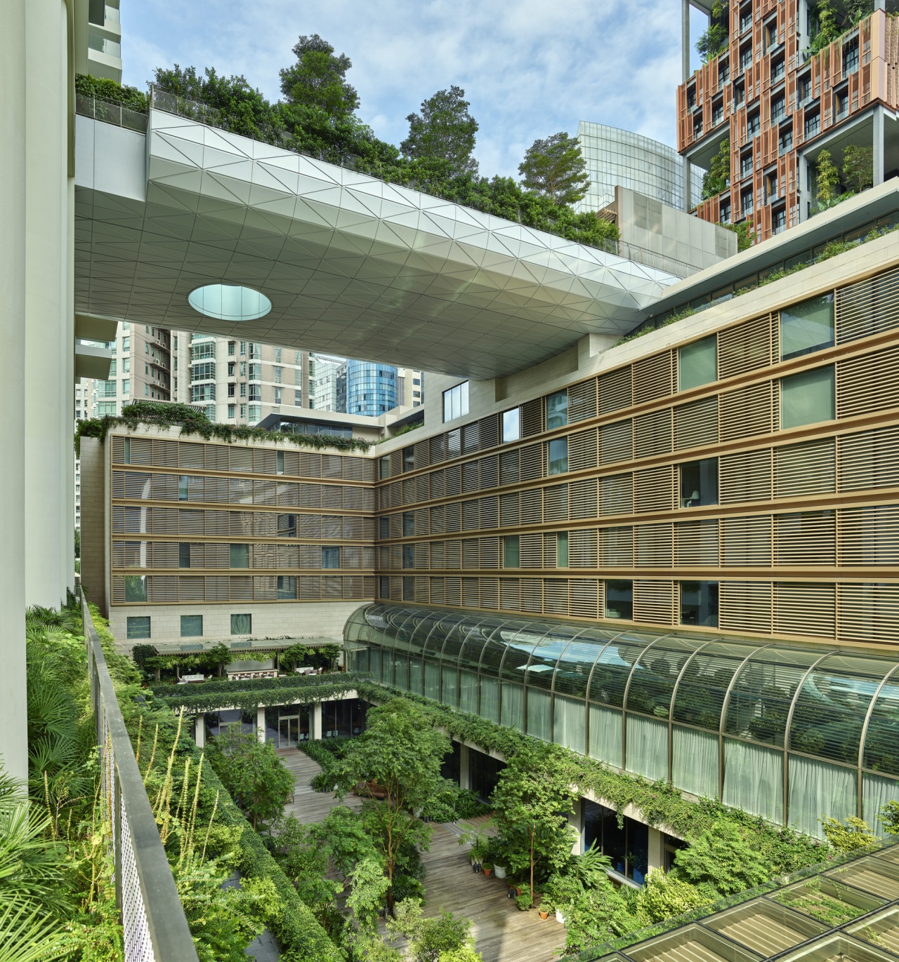 A lush sunken garden forms an interior courtyard 