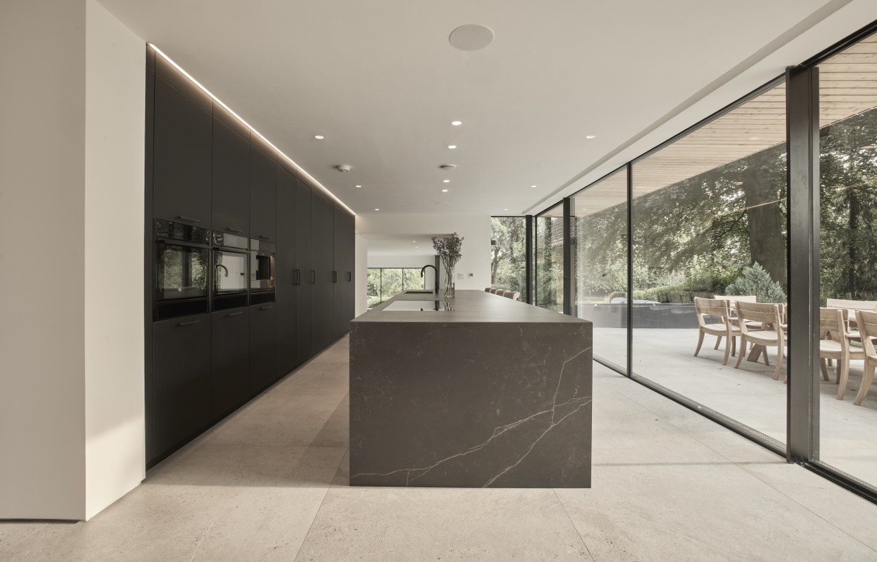 The gleaming new kitchen and its outlook. - 