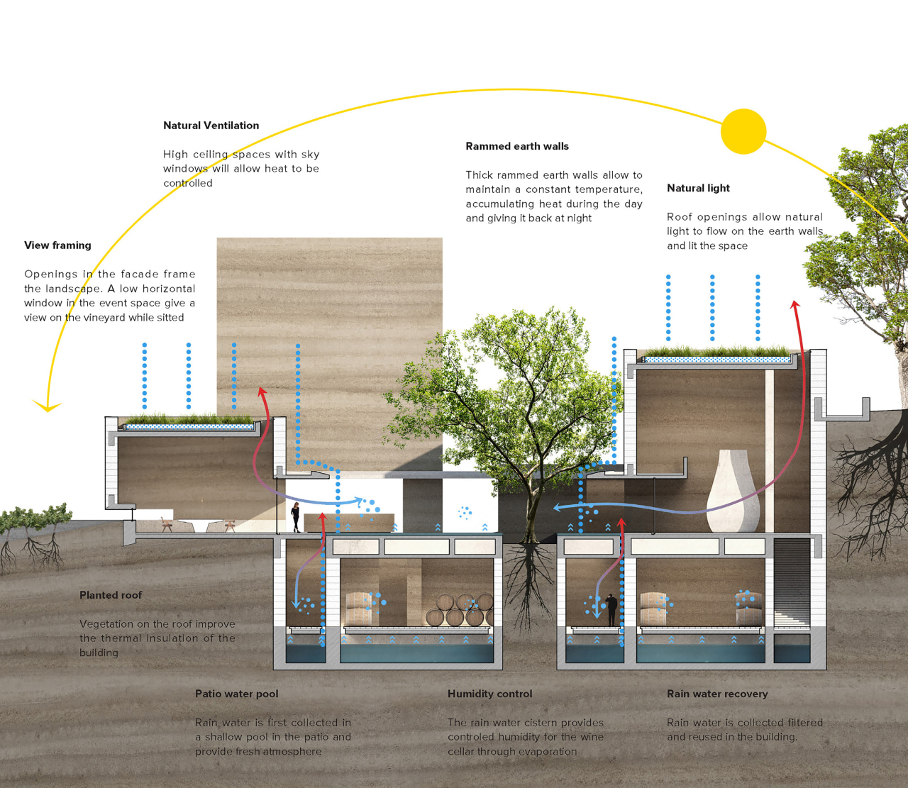 Cantilevered structures direct rainwater absorbed by the green 