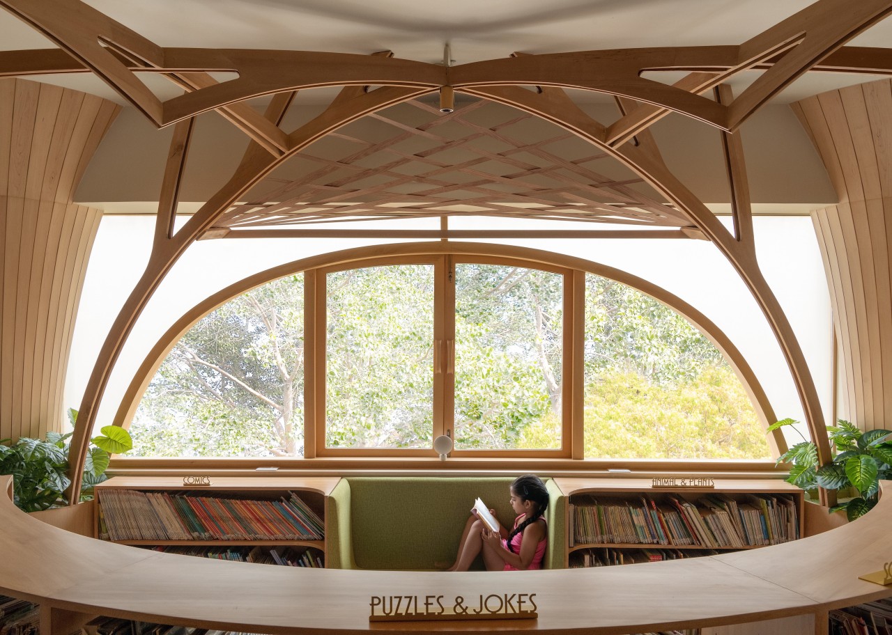 Built-in benches below windows offer informal seating. 
