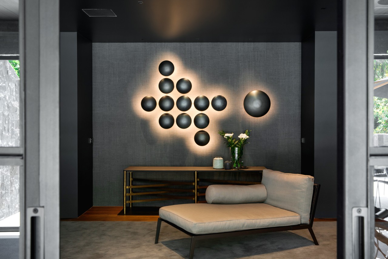 Dramatic Italian light fixtures are a feature on 