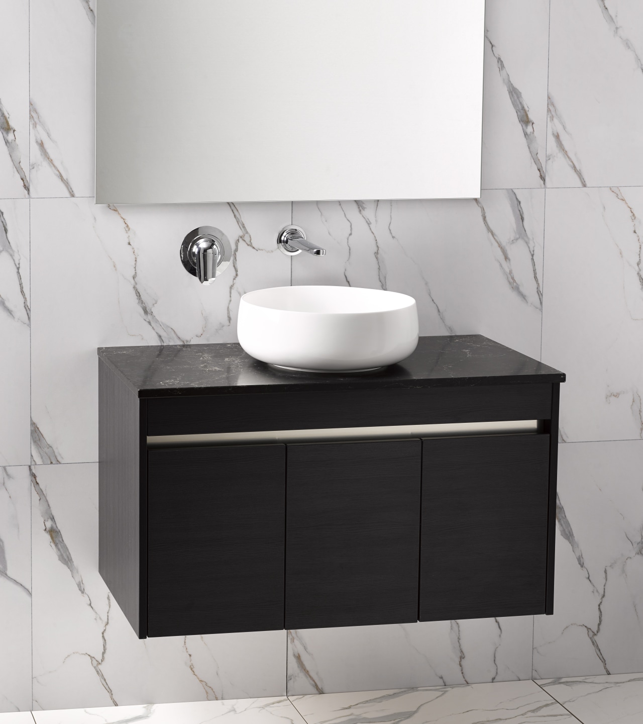 Athena Sirocco Alumino 900mm Vanilla Noir Bench Top angle, bathroom, bathroom accessory, bathroom cabinet, bathroom sink, black, ceramic, chest of drawers, drawer, floor, furniture, plumbing fixture, product, sink, tap, wall, gray