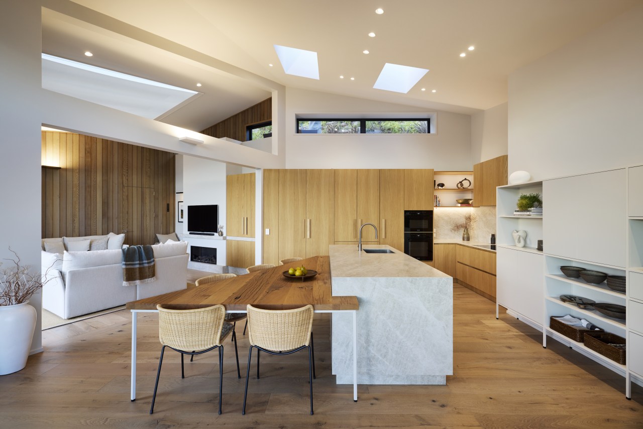 Interior detailing, including a cedar-lined feature wall concealing 