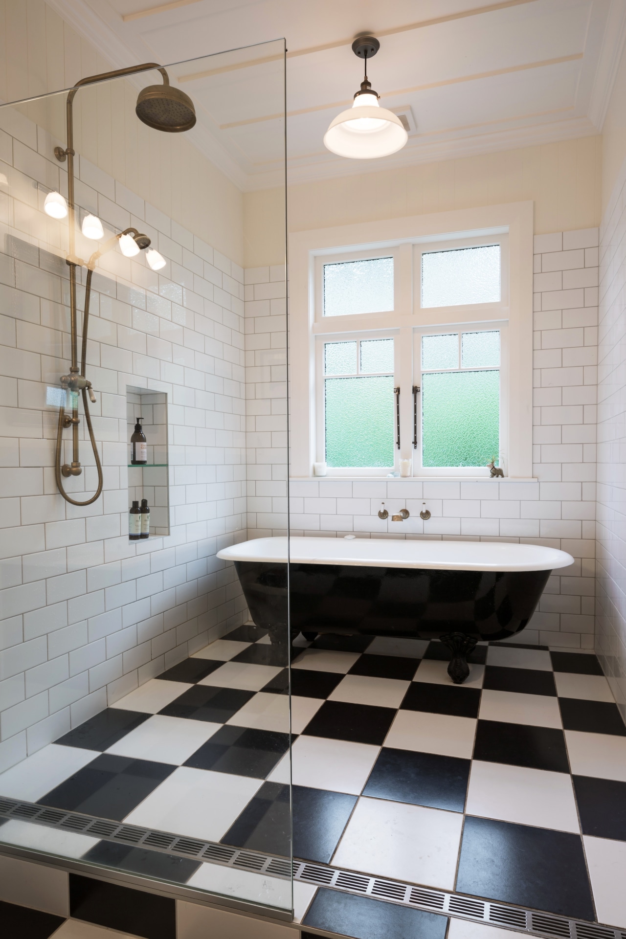 In the family bathroom, the shower had to bathroom, floor, flooring, home, interior design, plumbing fixture, room, sink, tile, wall, gray