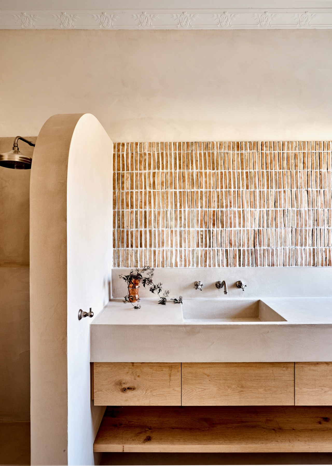 Pencil tiles in the range adorn this bathroom. 