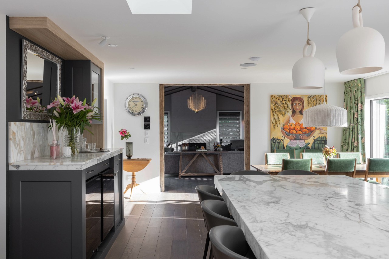 Bespoke furniture including marble topped dining table. 