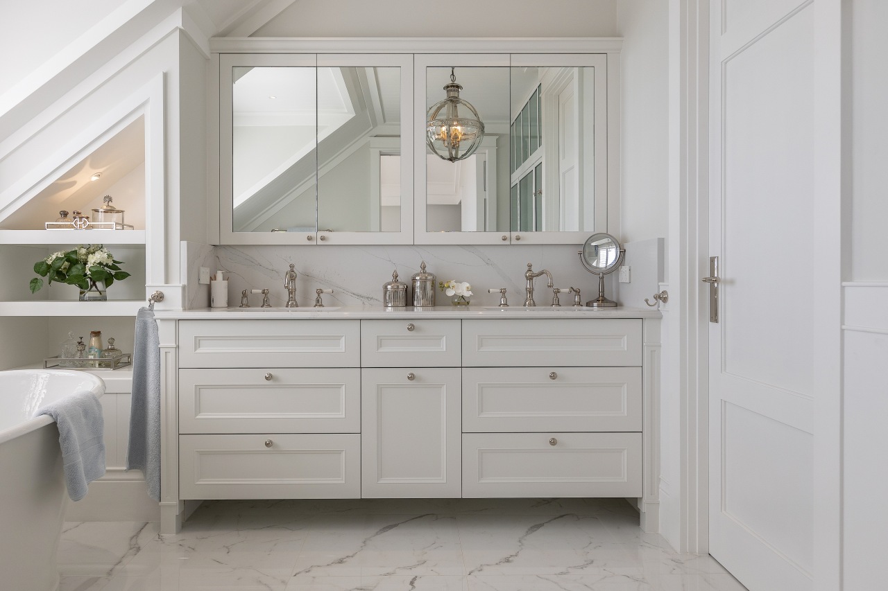 The traditional-appeal vanity includes the modern feature of 
