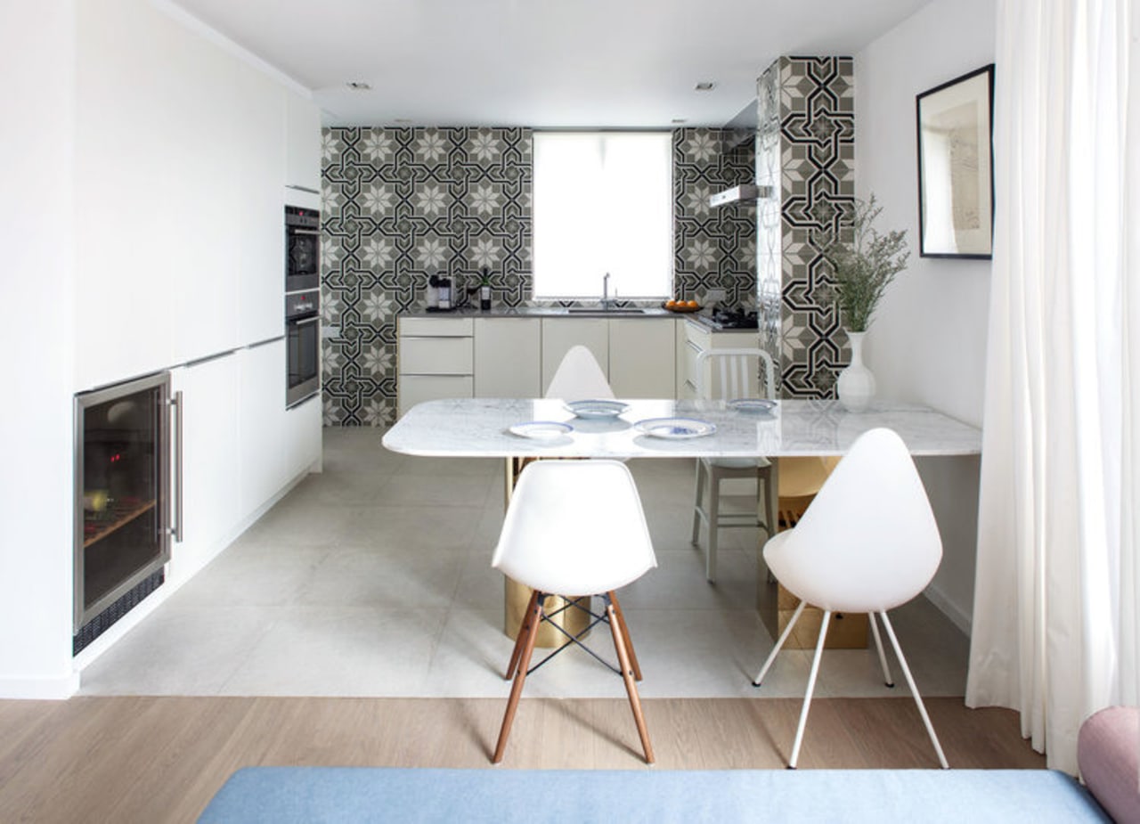 Patterned ceramic tiles in the kitchen provide contrast architecture, chair, floor, furniture, home, interior design, living room, room, table, white