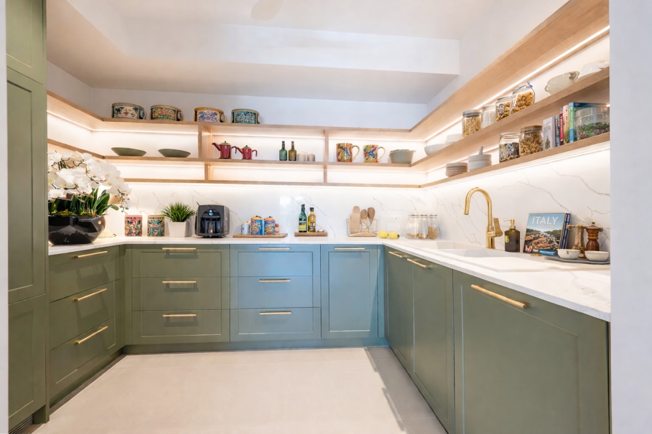 The expansive scullery complete with open shelving and 