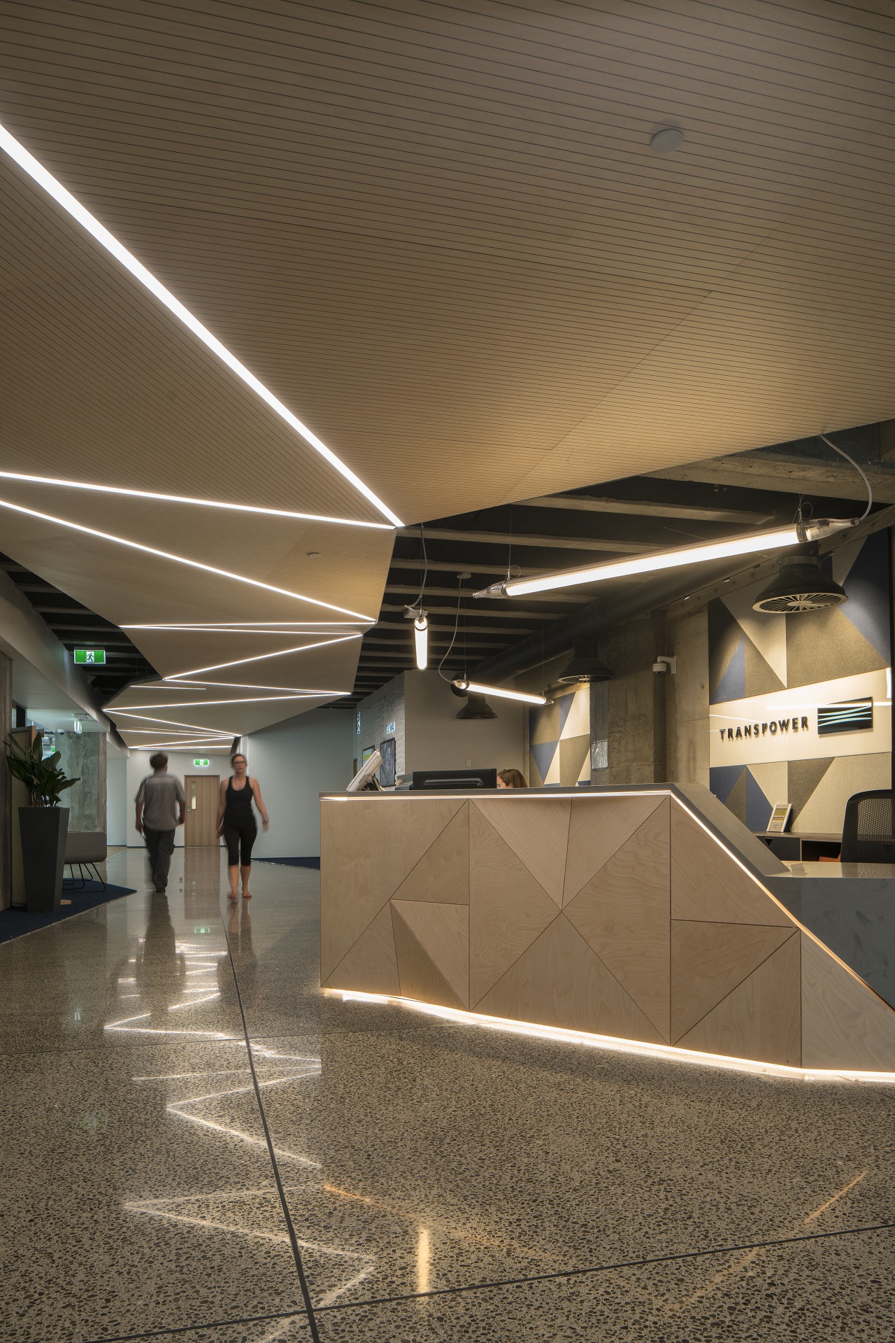 The entry lobby to Transpower’s new inner-city head architecture, ceiling, daylighting, brown