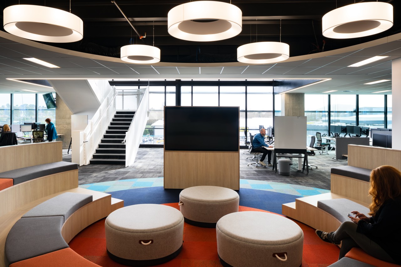 Well-rounded – the IAG Hub at No 1. architecture, building, ceiling fixture, design, floor, furniture, interior design, lamp, light fixture, lighting, lobby, office, IAG,  No 1 Sylvia Park