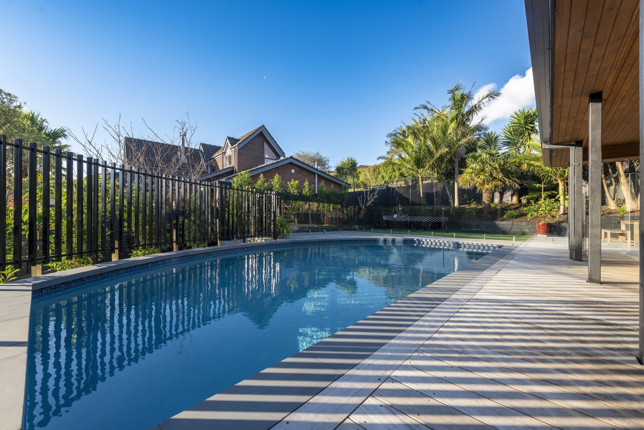 The pool and deck form the heart of 