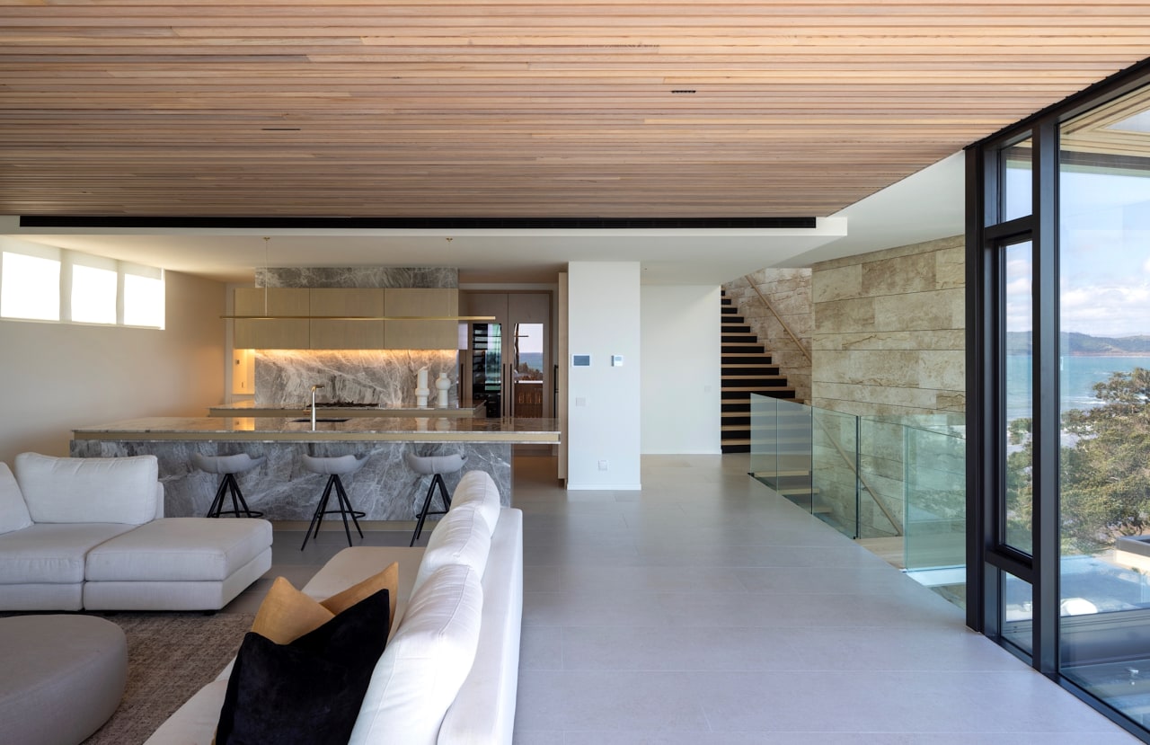 The main living area trained on the ocean. 