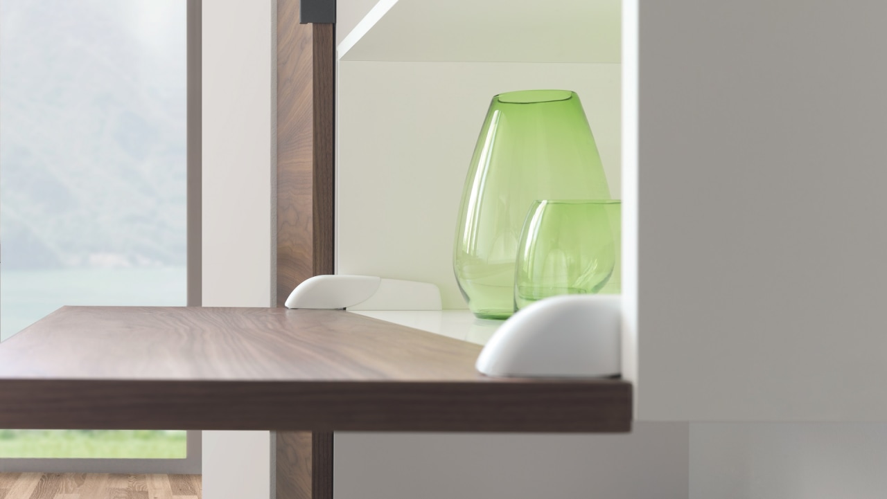 Salice Pacta Fall Flap Door Suits Storage Cabinets furniture, glass, interior design, product, shelf, table, gray, white