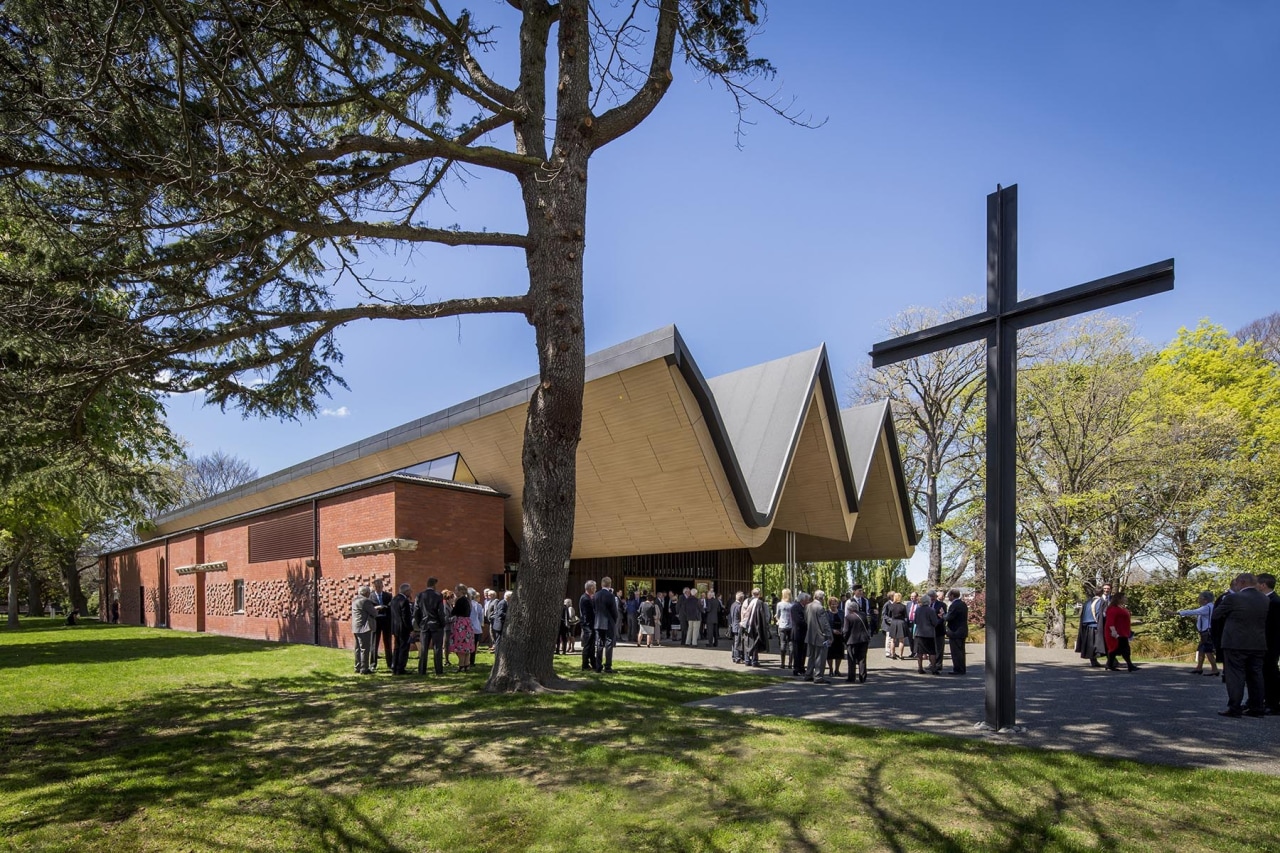 'St Andrew’s College Centennial Chapel, Christchurch' by 'Architectus' architecture, building, chapel, church, house, place of worship, plant, sky, tree, brown, teal