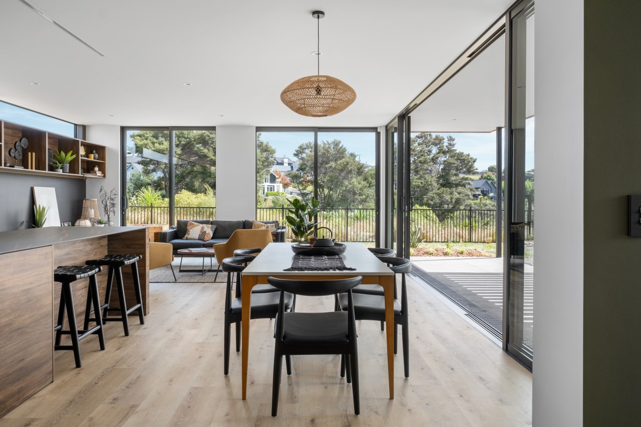 Wood floors and wood cabinetry bring a natural 