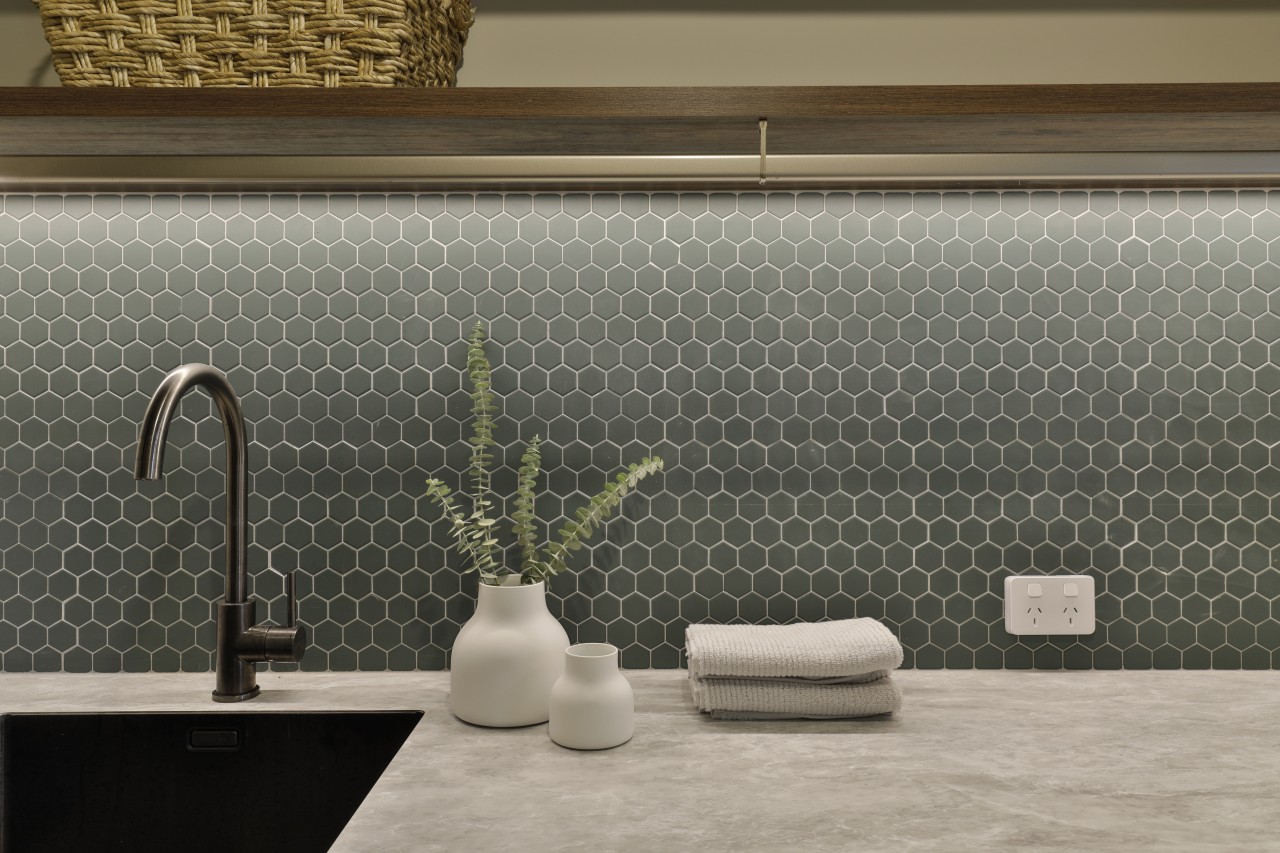 Hexagonal Beton Green Echo mosaics were introduced as 