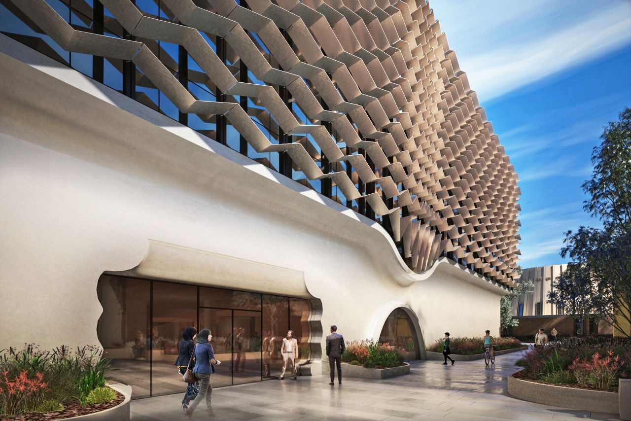 The brise soleil is made in modules, some architecture, building, condominium, facade, house, mixed-use, property, real estate, roof, sky, gray