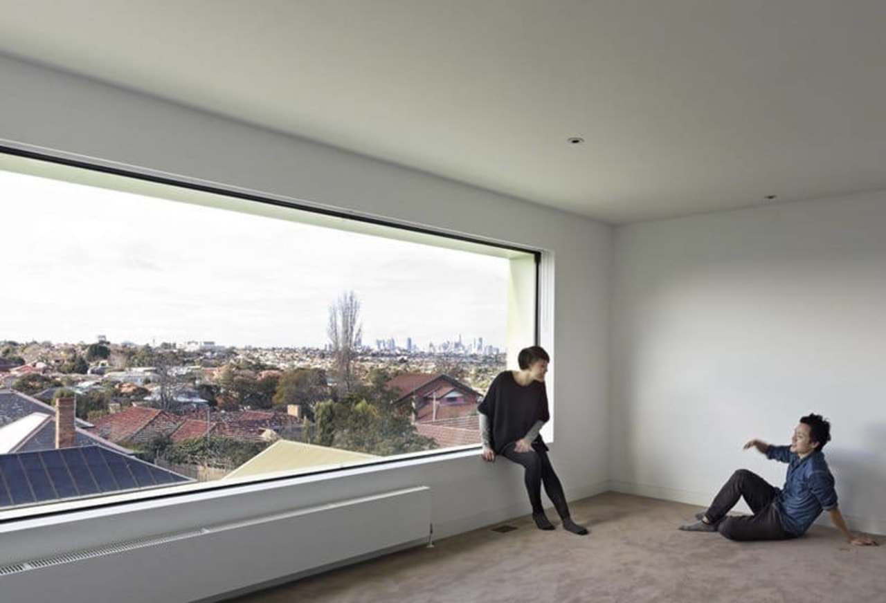 When standing in the room, you get a apartment, architecture, ceiling, daylighting, floor, flooring, house, interior design, property, real estate, roof, sky, window, gray