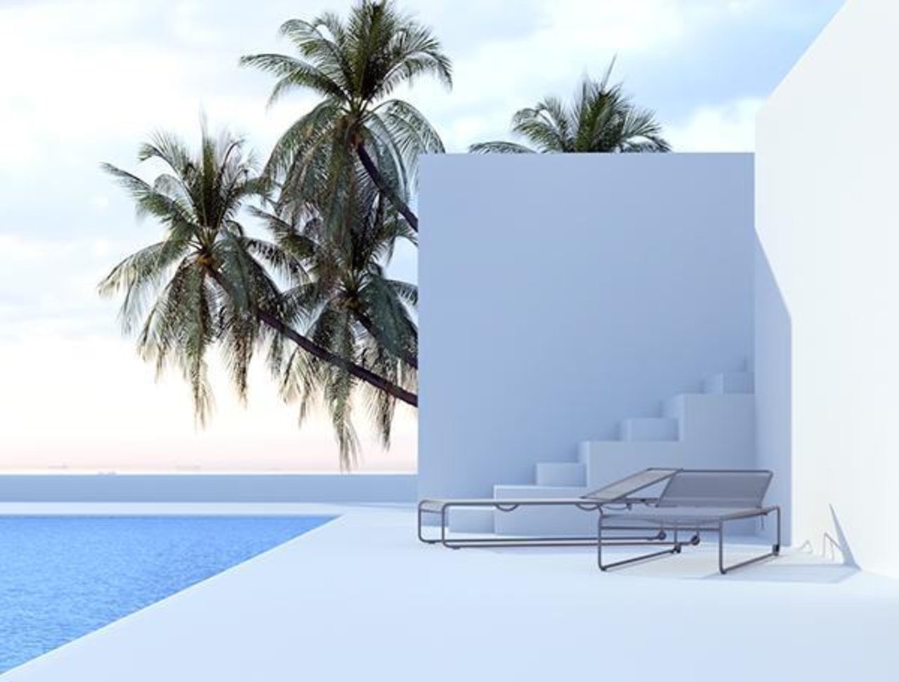 Steps from the house down to the pool architecture, arecales, furniture, house, outdoor furniture, palm tree, product design, sky, sunlounger, water, teal, white