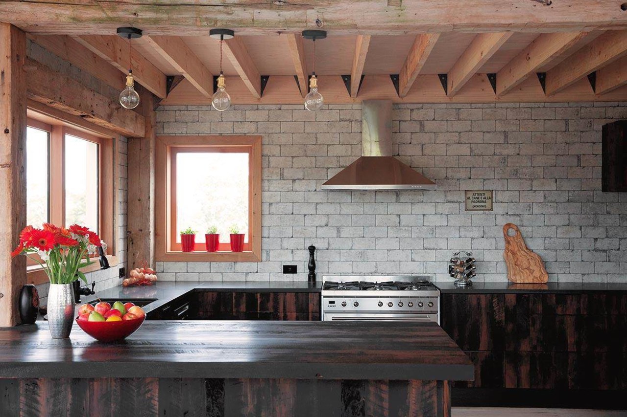 Recycled beams used in kitchen of new family beam, ceiling, countertop, floor, flooring, interior design, kitchen, living room, wall, window, wood, black, gray, brown