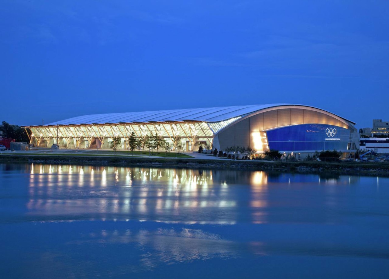 Richmond Olympic Oval was realised by Cannon Design architecture, daytime, fixed link, opera house, reflection, sky, sport venue, structure, water, waterway, blue