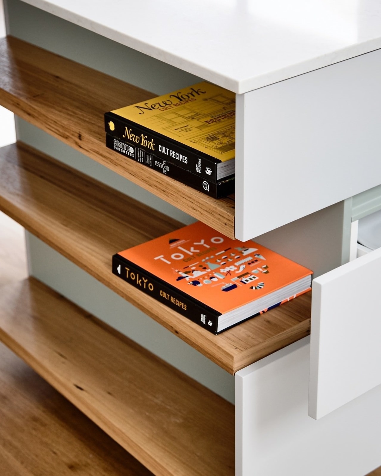 This considered shelf unit is the perfect showcase chest of drawers, desk, drawer, floor, furniture, product, product design, shelf, shelving, table, wood, brown, white