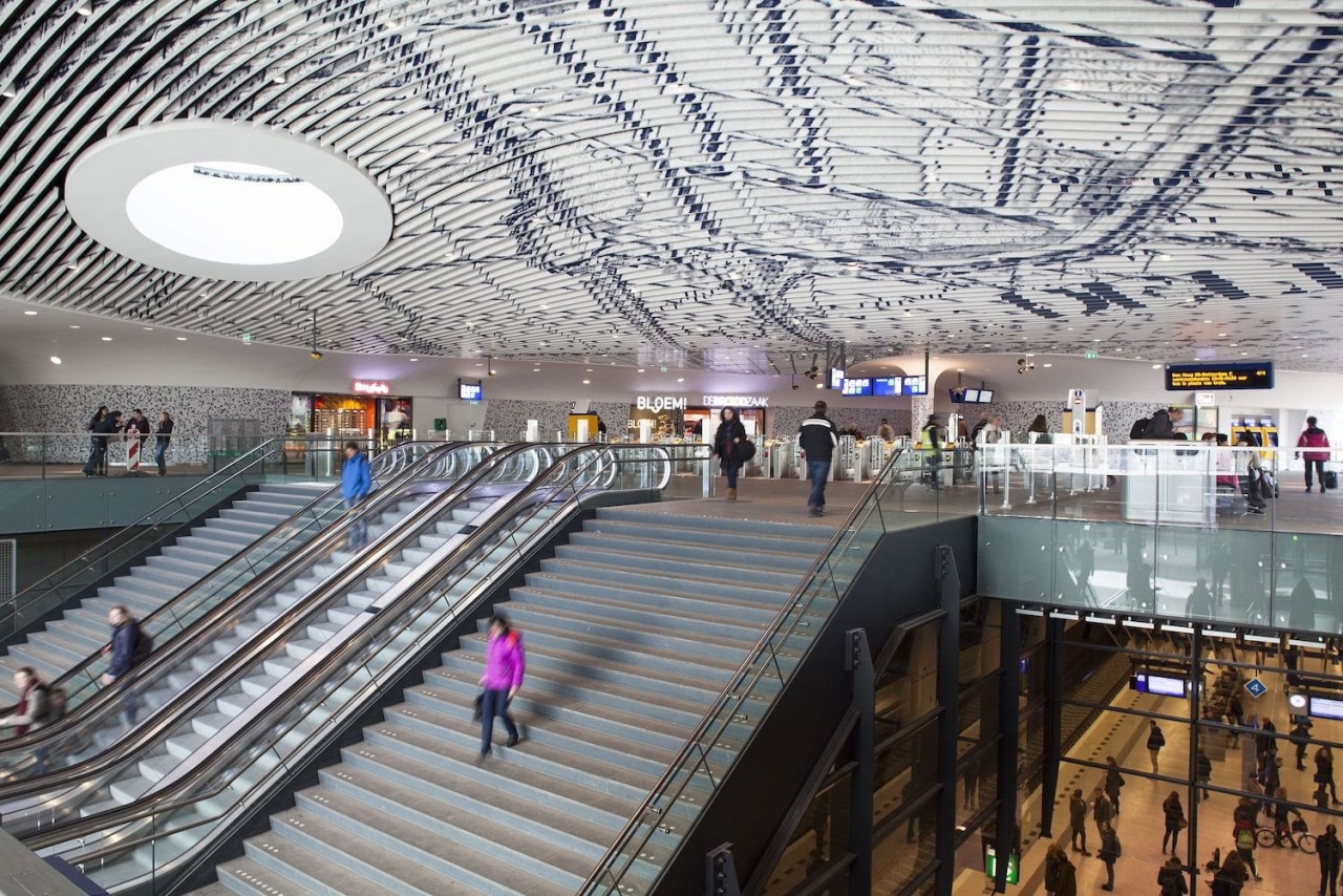Municipal Offices and Train Station, Delft airport terminal, building, daylighting, infrastructure, leisure centre, shopping mall, structure, gray, white