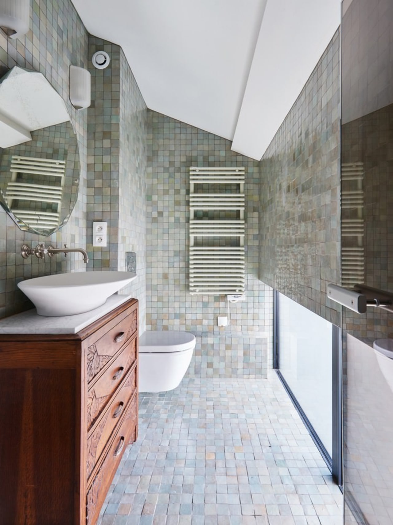 Architect: OVERCODE architecture urbanismPhotography by David Foessel architecture, bathroom, countertop, daylighting, estate, floor, flooring, home, interior design, real estate, room, tile, gray, white